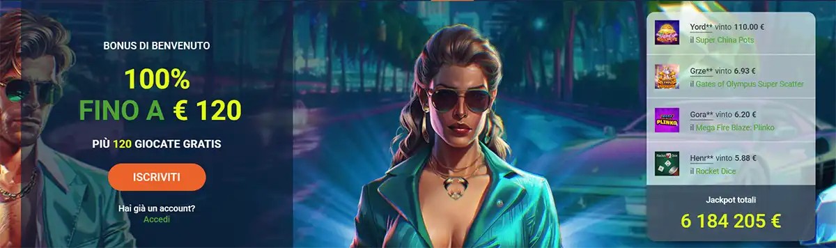 Online casino promotional banner in Italian showing a 100% welcome bonus up to €120 with free spins and registration button