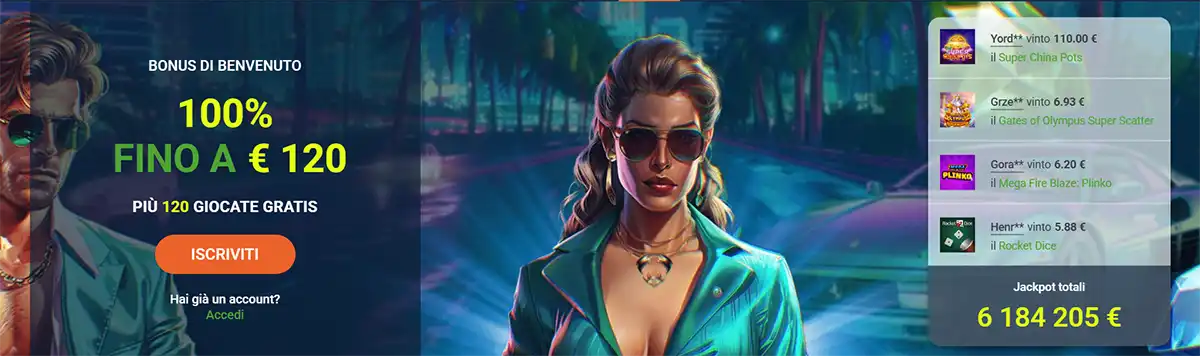 Online casino promotional banner in Italian showing a 100% welcome bonus up to €120 with free spins and registration button