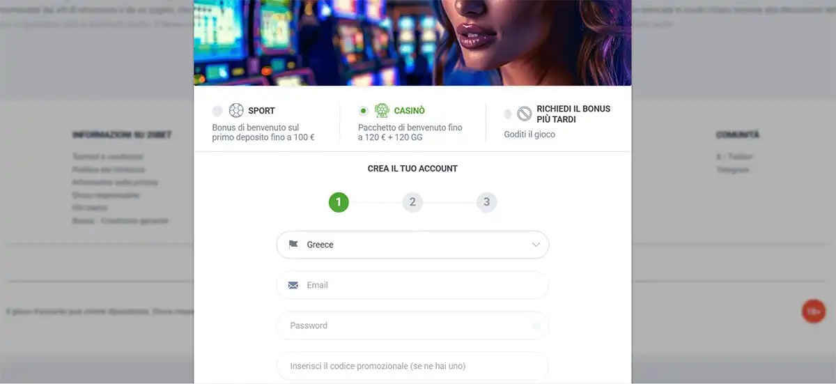 Online casino account creation form in Italian showing step one of registration with country, email and password fields
