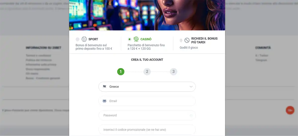 Online casino account creation form in Italian showing step one of registration with country, email and password fields